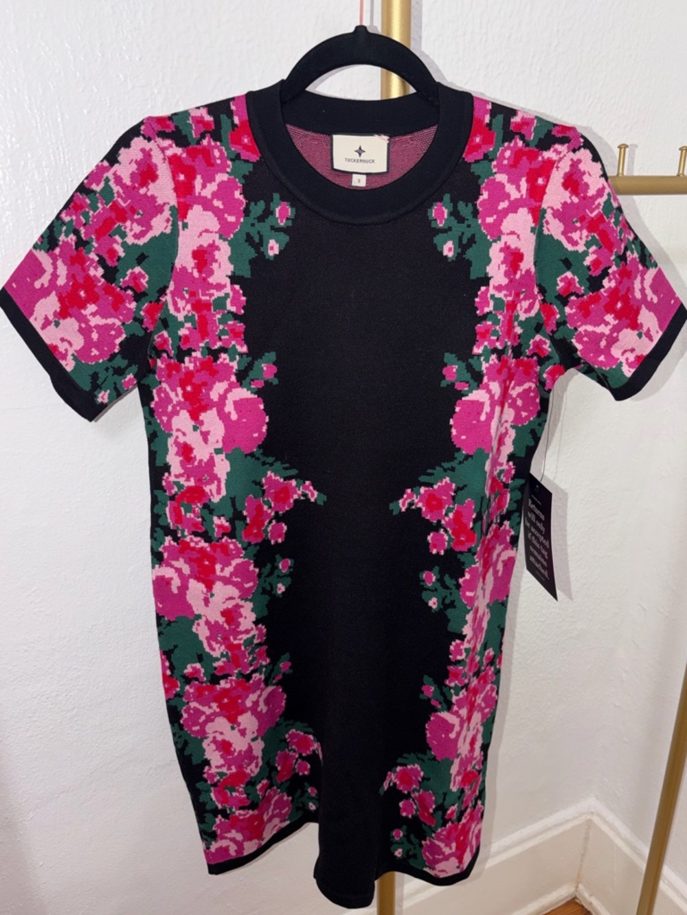 Tuckernuck Black Mini Shift Dress with Pink Floral Panels - Picture 4 of 6